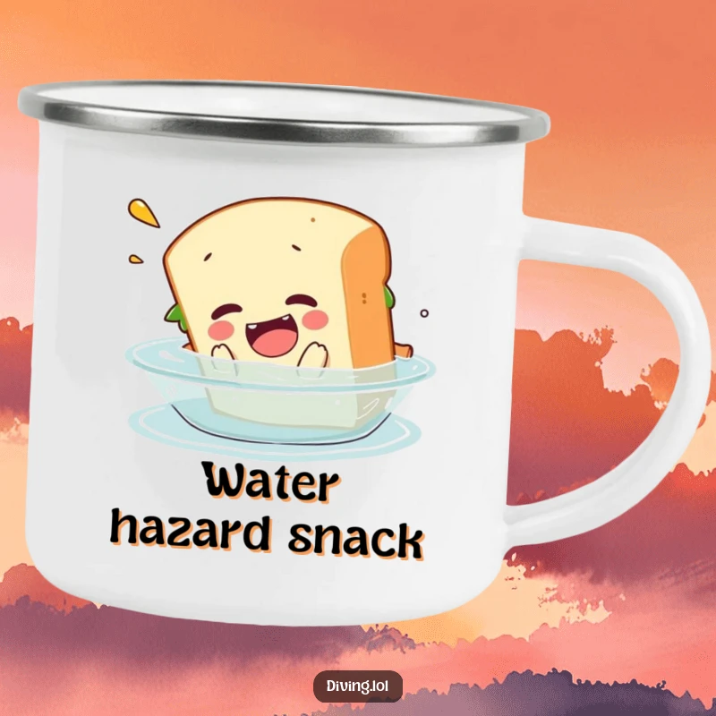 Funny camping mug showing a sandwich character doing a comical belly flop into water, sturdy for outdoor use.