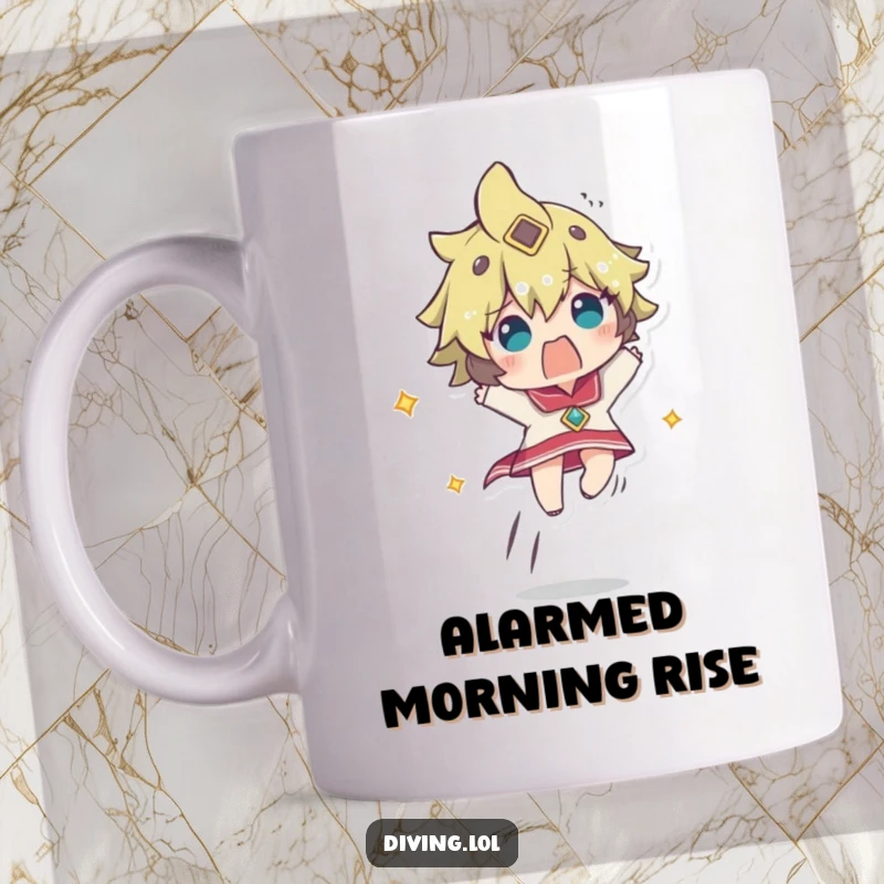 Funny mug featuring a character ascending rapidly, looking comically startled and surprised, a hilarious moment captured.