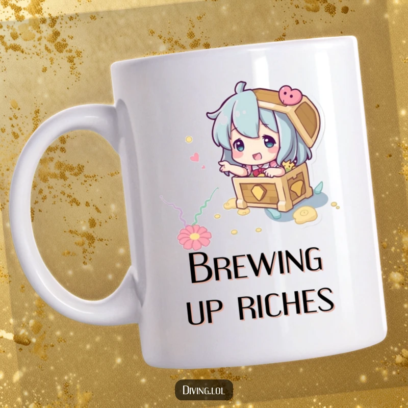 Funny Treasure Hunter Mug: A character playfully gestures towards an imagined treasure chest on the colorful seabed.