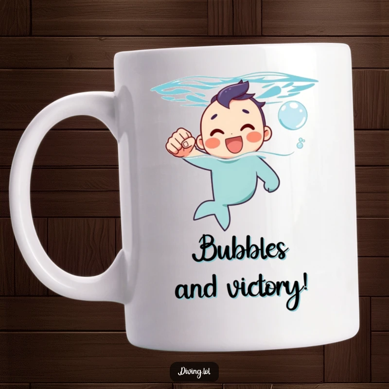 Funny mug of a character joyfully pumping a fist while surfacing from water, accompanied by a happy bubble.