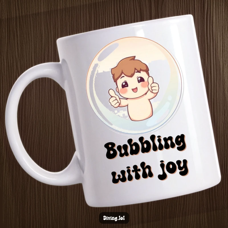 Funny mug showing a character happily giving two thumbs up from inside a large, transparent bubble, celebrating good vibes.