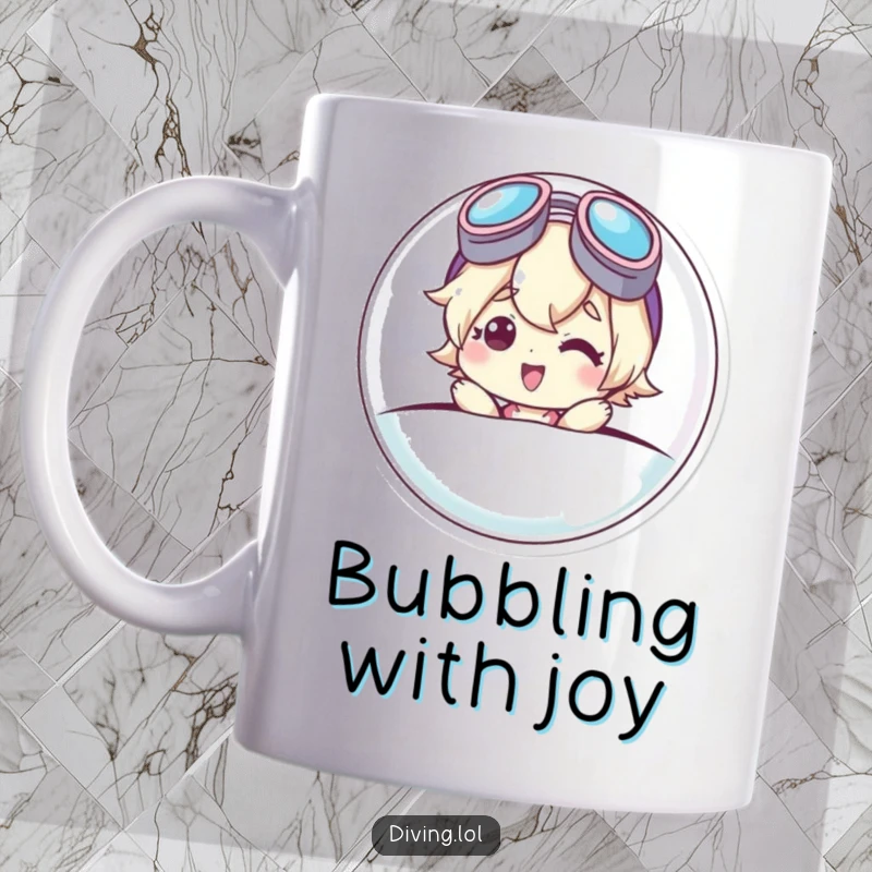 Funny mug showing a cute character emerging from a bubble, wearing askew goggles and a big, happy smile, ready for adventure.