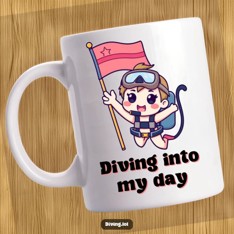 Funny mug with a cute character happily waving from the center of a red and white dive flag, conveying underwater joy.