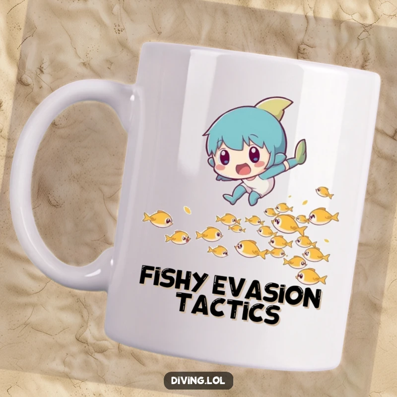 Funny mug depicting a character mid-leap, playfully dodging a school of tiny fish with a surprised expression.