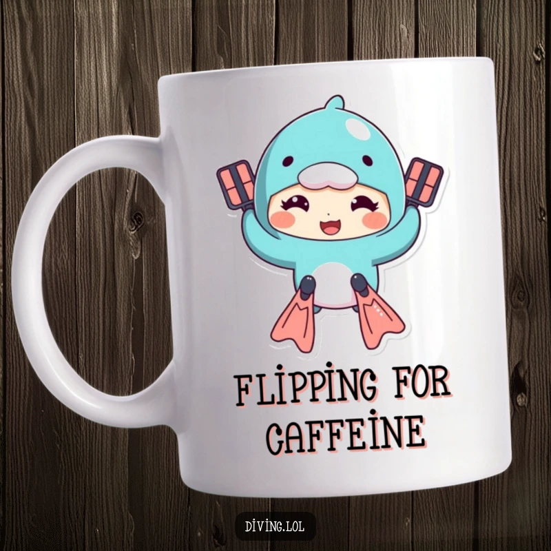 Funny mug depicting a character with a goofy expression comically swimming with flippers, capturing a moment of playful aquatic antics.