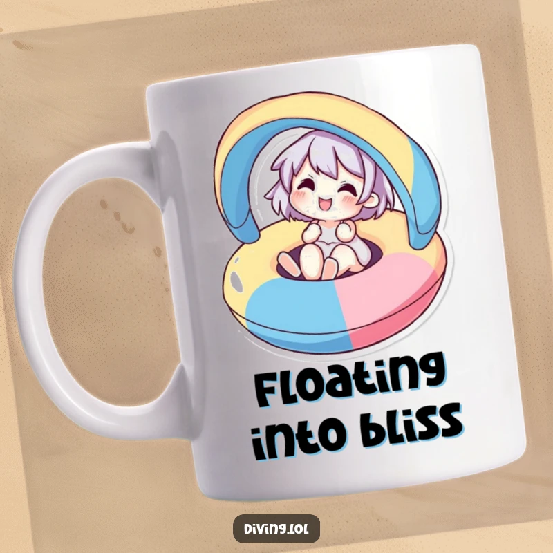 Funny mug featuring a cute character joyfully floating on a colorful inflatable, exuding relaxation and happiness.