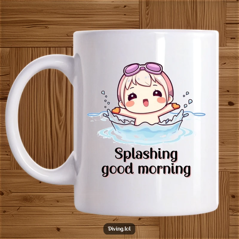 Funny mug illustration of a character joyfully splashing water while wearing flippers, capturing carefree beach fun.