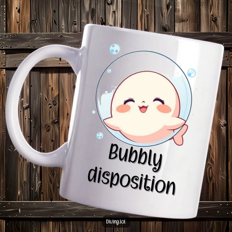 Funny Bubble Blowing Kawaii Mug: Cute character happily blows a giant bubble underwater, a cheerful gift.