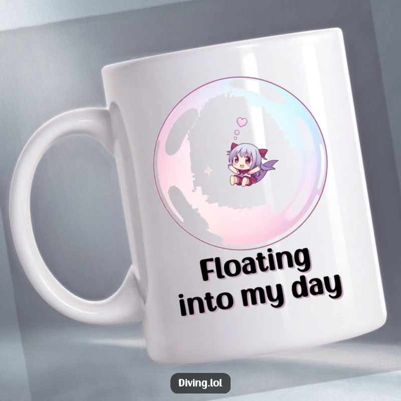 Funny small character mug, joyfully riding a giant bubble underwater, a whimsical and humorous gift for fantasy lovers.