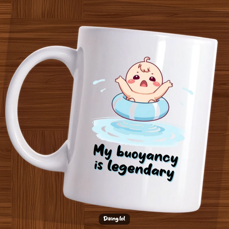 Funny mug featuring a surprised, chubby character gleefully bouncing high on a bright pool float, capturing a moment of pure, unexpected fun.