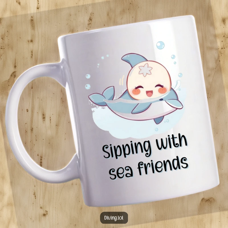Funny sweet creature mug, gleefully swimming alongside a playful dolphin, a humorous and heartwarming gift for ocean lovers.