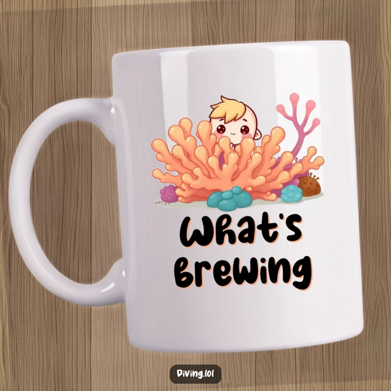 Funny Curious Reef Character Mug: Tiny character peeks from coral reef with curious eyes, an adorable gift.