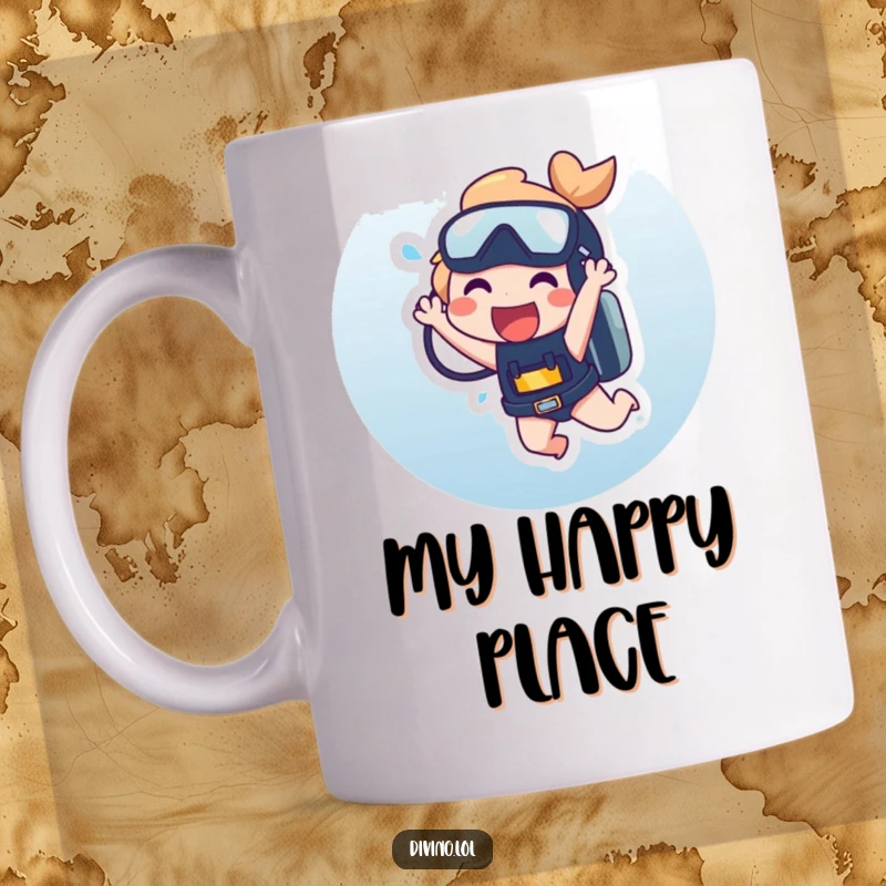 Funny Mug depicting a character laughing uncontrollably while comically dangling from a scuba tank, embodying underwater absurdity.