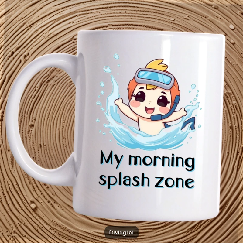 Funny mug with a diver character joyfully splashing a friend with a wide, fun-loving smile, capturing a moment of pure aquatic amusement.
