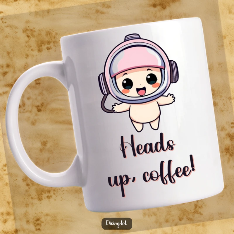 Funny diving helmet mug showing a character wearing an oversized, comical helmet, bobbing happily with a joyful expression and underwater charm.