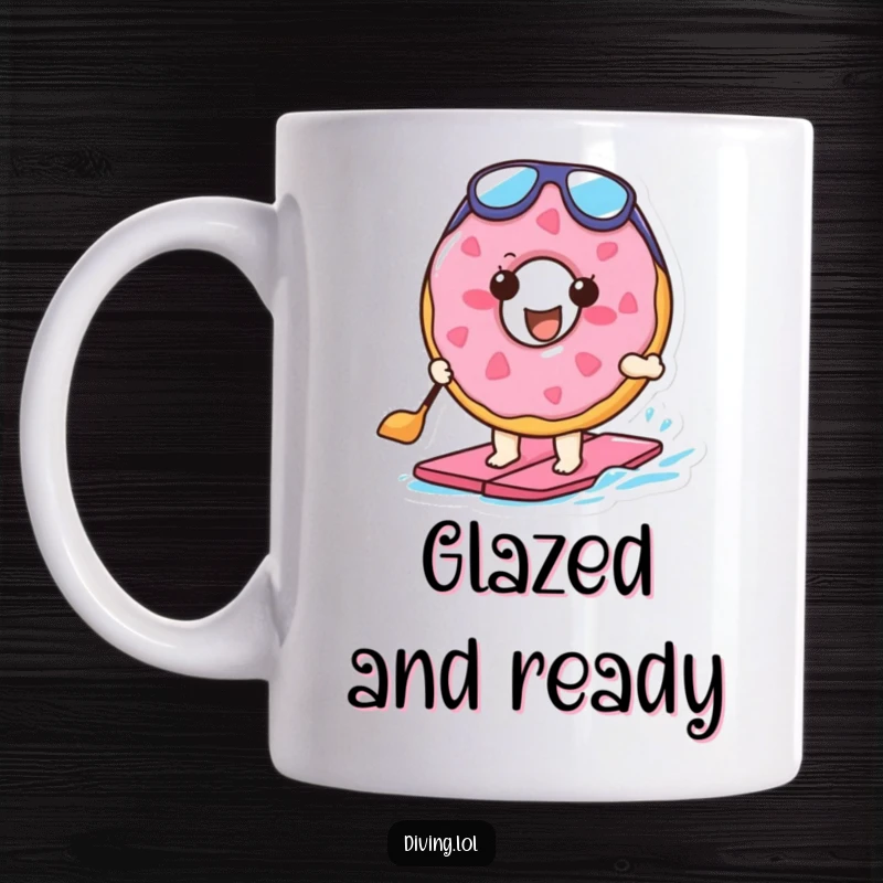 Funny mug featuring a cheerful doughnut character wearing flippers, enthusiastically paddling in the water, ready for a good time.