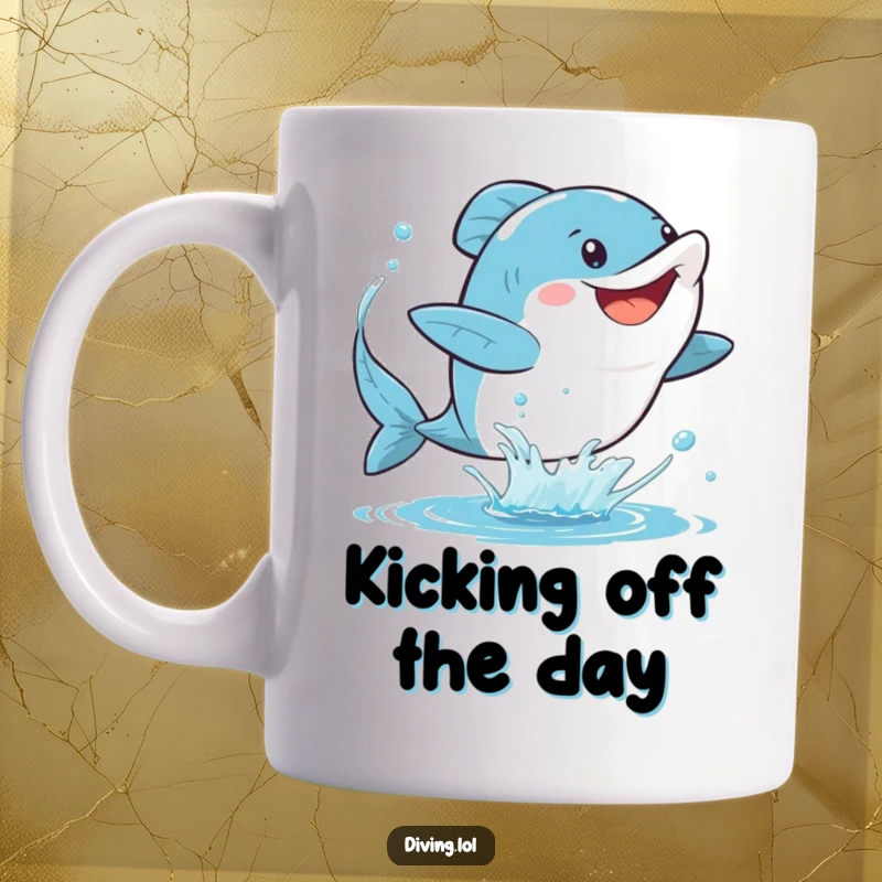 Funny fins mug showing a character gleefully kicking their fins, creating a delightful spray of water in a moment of pure aquatic joy.