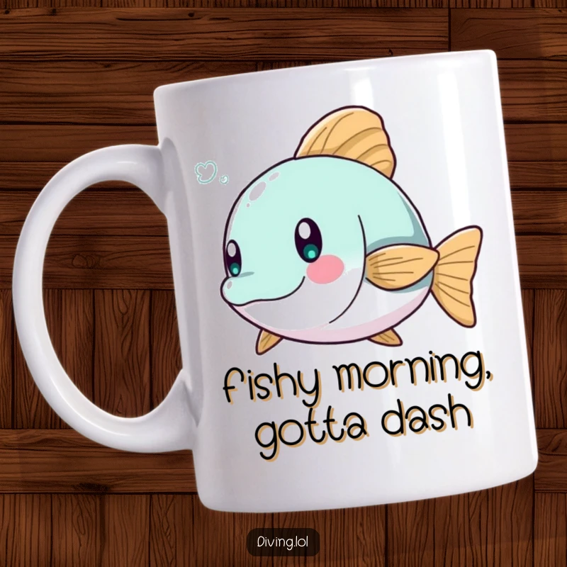 Funny mug showing a character playfully dodging a small, mischievous fish underwater with a look of surprise.