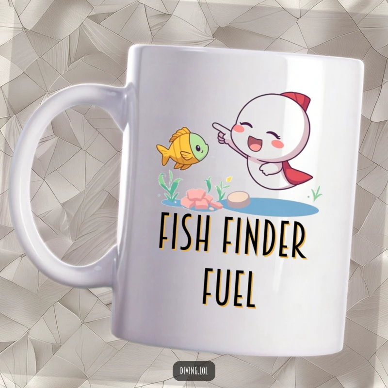 Funny fish pointer mug showing an excited character pointing at a friendly fish swimming nearby, capturing a moment of pure discovery and delight.