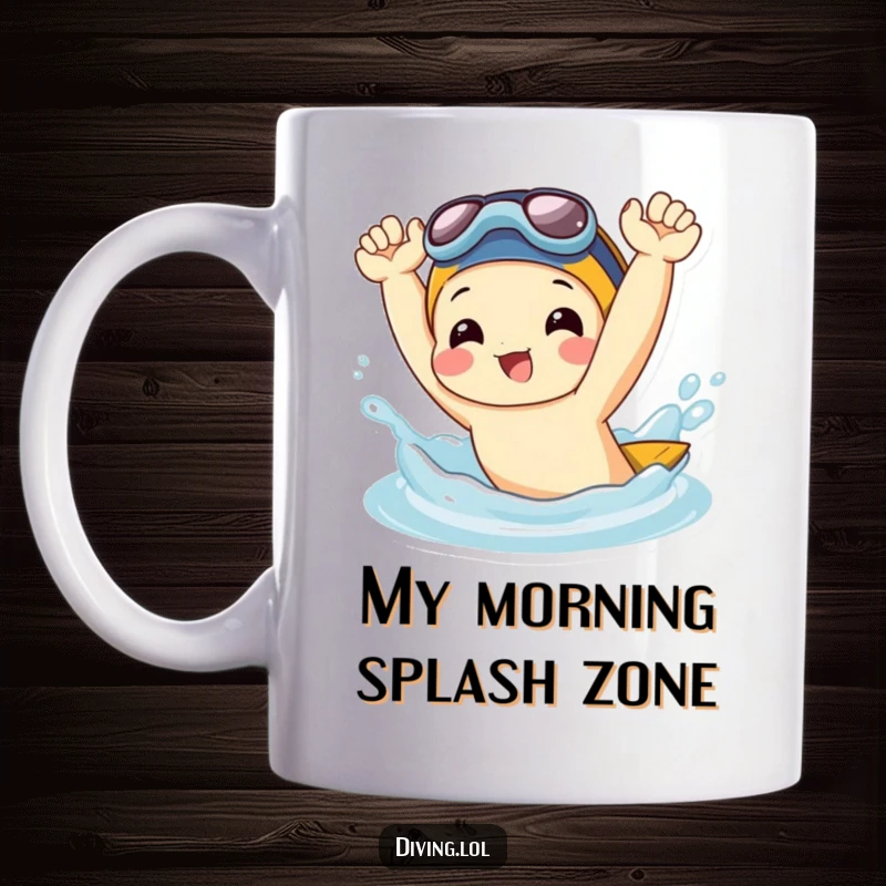 Funny Mug: Joyful character gleefully splashing water with flippers held high, embodying pure summer fun and playful energy.