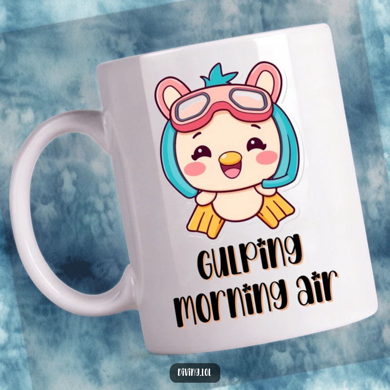 Funny Kawaii Character Mug grinning widely, wearing comically oversized flippers and a snorkel, ready for underwater fun.