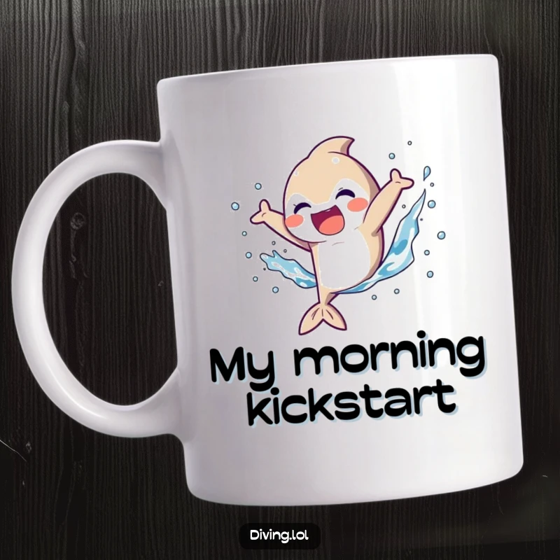 Funny Mug showcasing a character gleefully kicking fins with a massive, joyful splash, embodying pure aquatic delight and excitement.