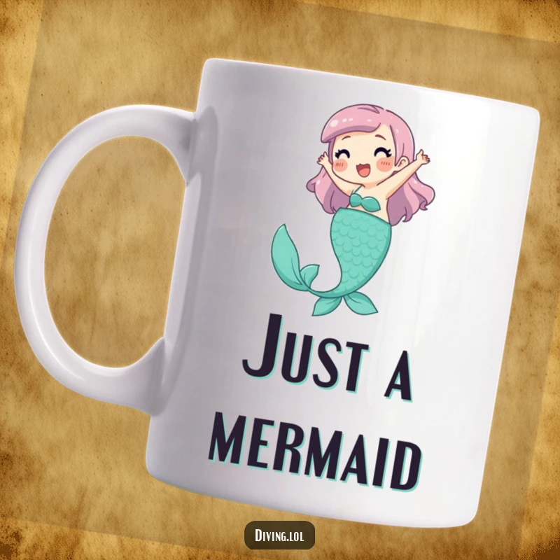 Funny Mug featuring a playful character joyfully kicking their legs, pretending to be a delightful mermaid underwater.