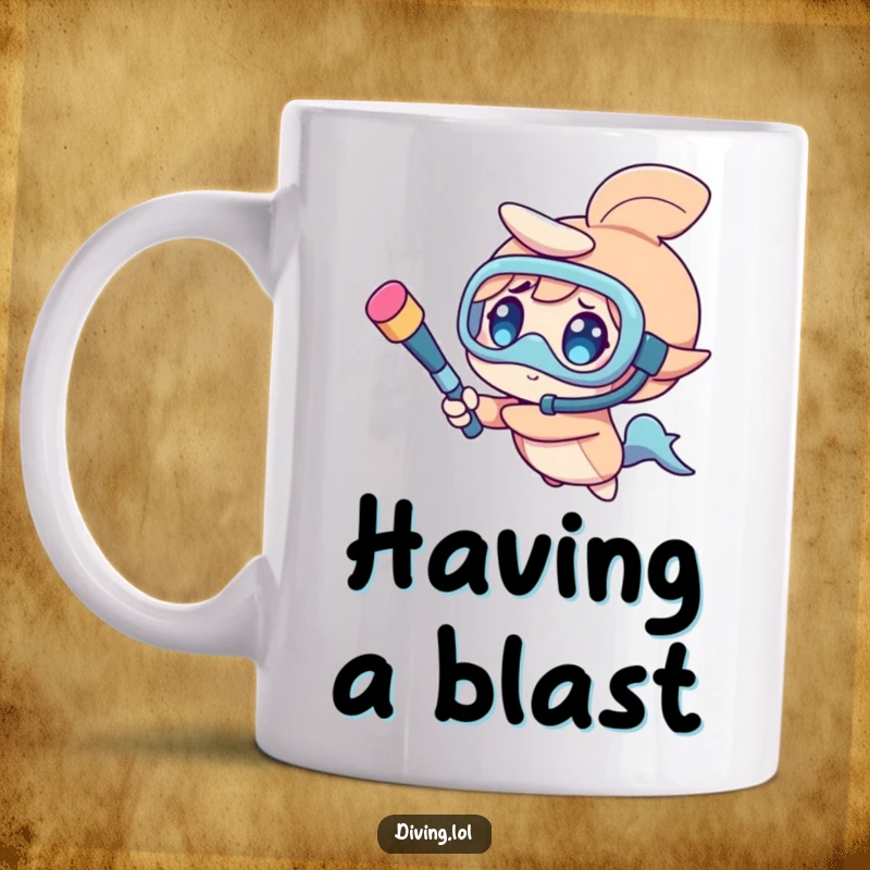 Funny mug depicting a character joyfully spinning a snorkel like a baton, embodying pure, carefree fun.