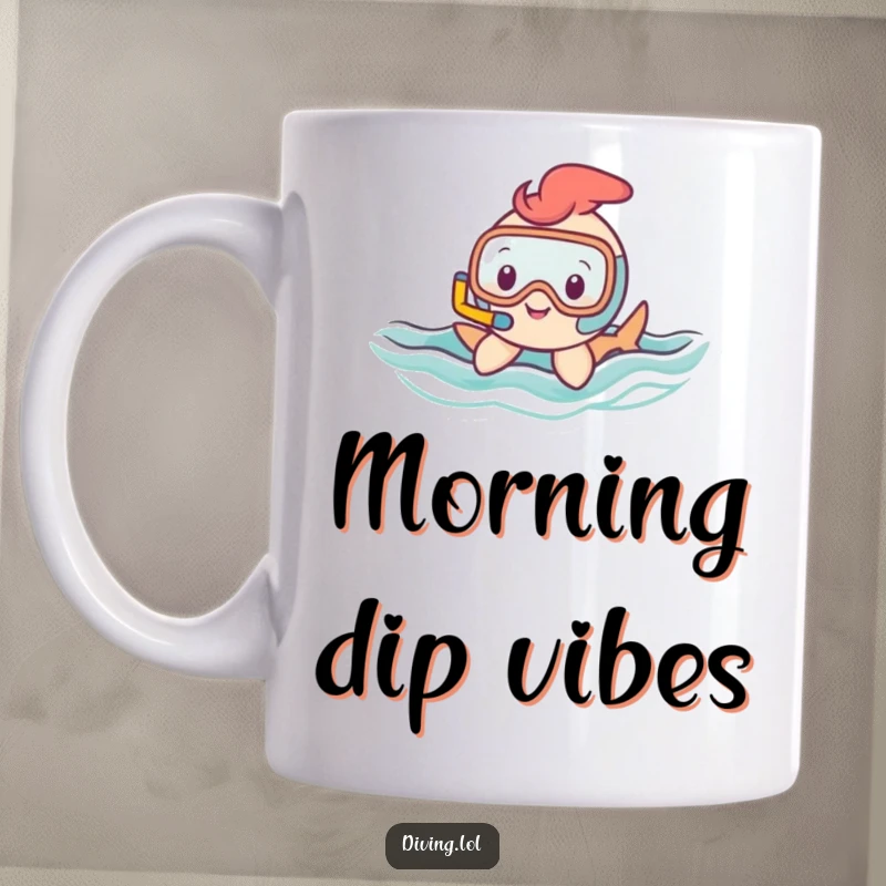 Funny mug depicting a small, happy character with a snorkel gracefully gliding through wavy water, enjoying a peaceful underwater journey.
