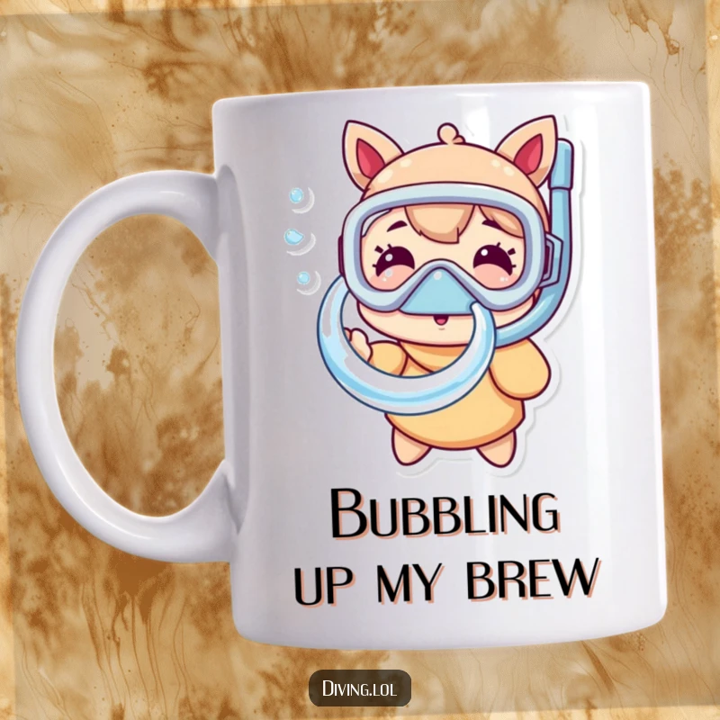 Funny snorkel mask mug showing a character playfully blowing a perfect bubble ring, enjoying a moment of underwater amusement and cheerful exploration.