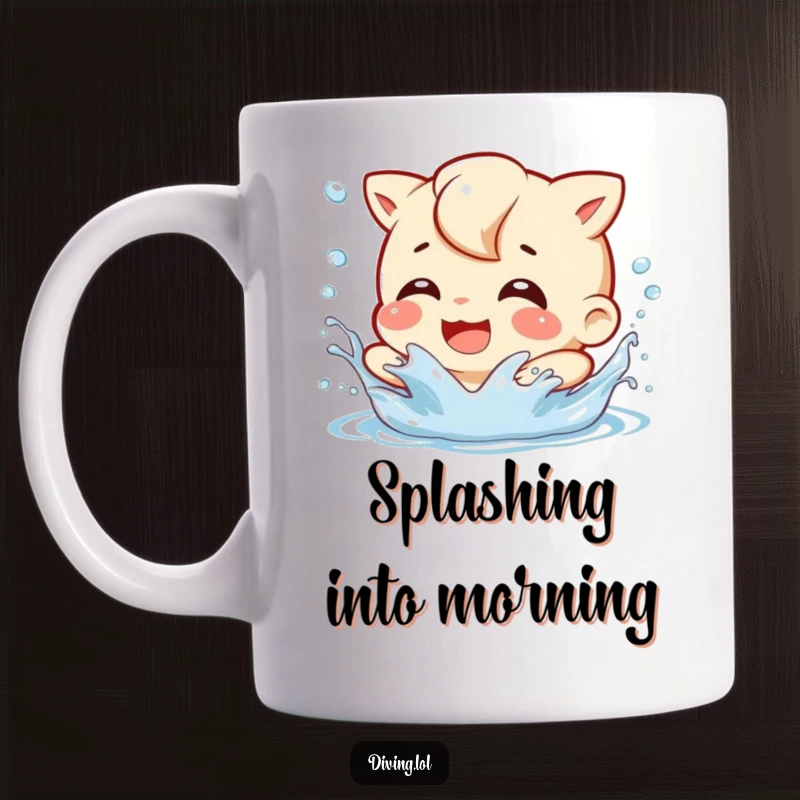 Funny Splash Character Mug: A character gleefully splashes water with a playful grin, surrounded by water droplets.