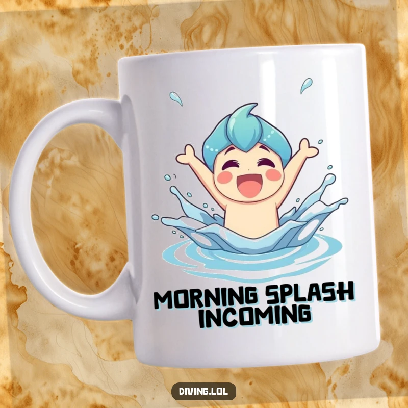 Funny Mug featuring a joyful character triumphantly bursting from the water with a dramatic, exciting splash.