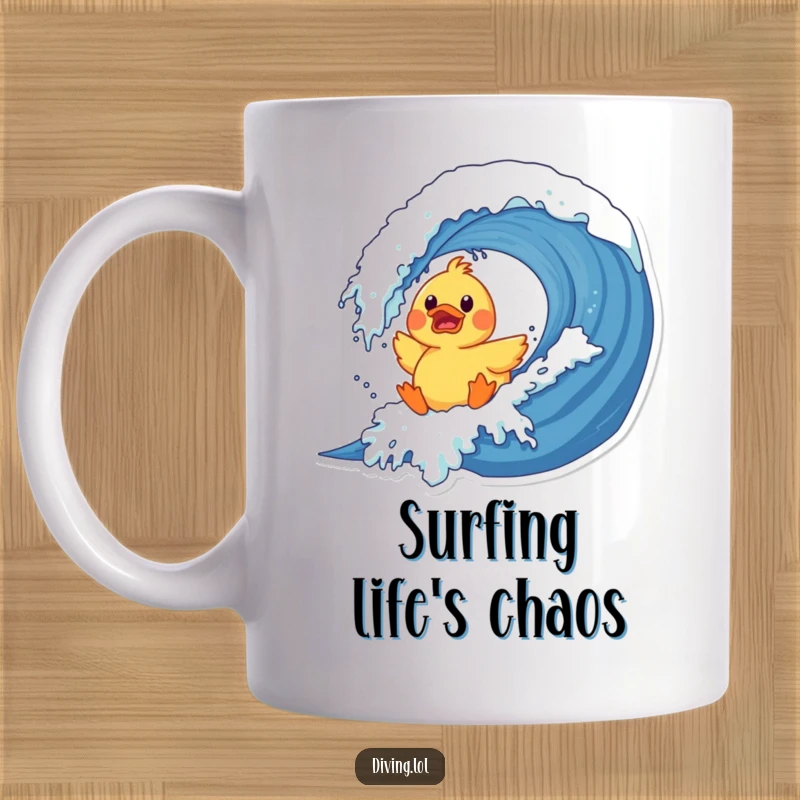 Funny rubber duck mug showing a surprised duck character crashing into a giant wave, a comical beach scene.