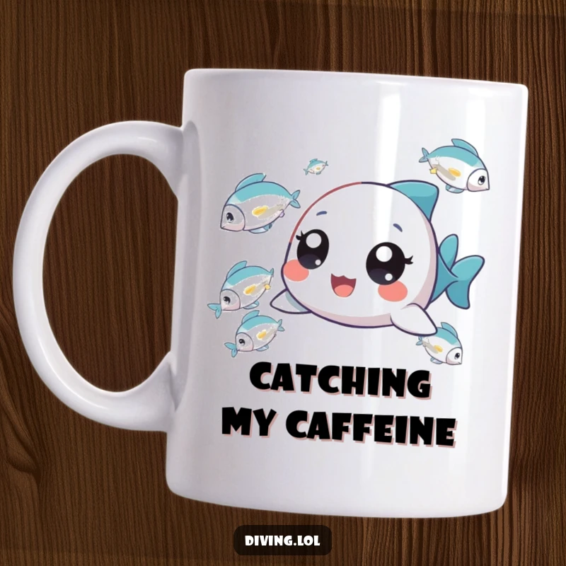 Funny Tiny Character Mug with wide, delighted eyes, enthusiastically chasing a school of shimmering fish with pure joy.