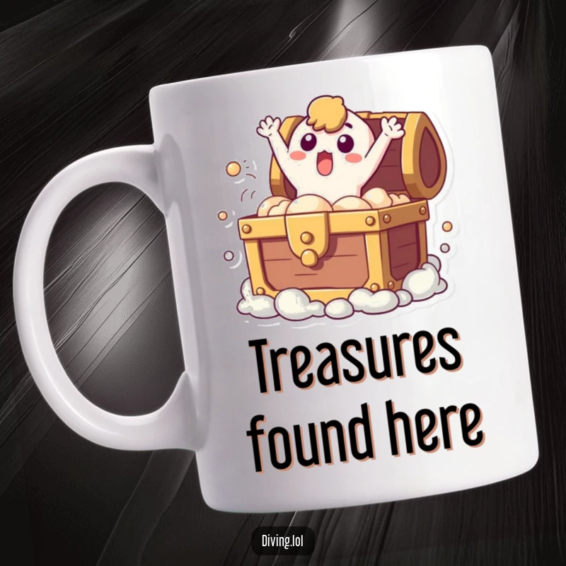 Funny mug with a surprised character bursting upwards from a bubbling treasure chest, symbolizing unexpected joy and discovery.
