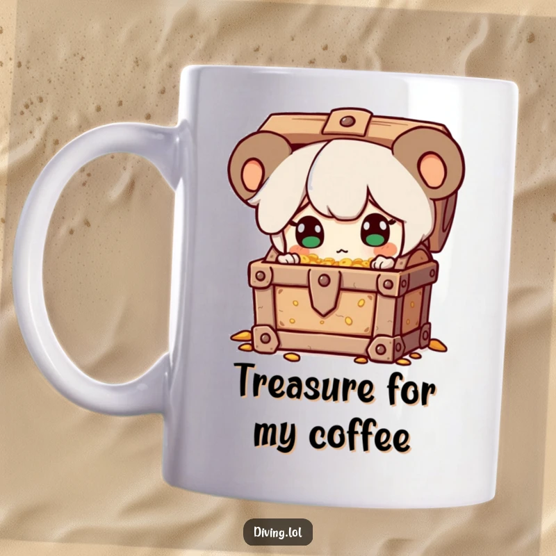 Funny mug showing a character discovering a treasure chest, eyes wide with sparkling surprise and delight, a moment of pure discovery.