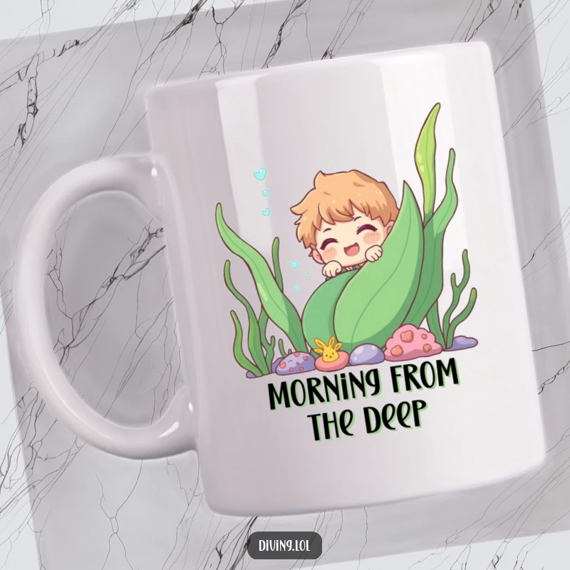 Funny character playfully peeking from behind a large underwater plant, with a mischievous smile, creating a sense of whimsical underwater discovery.