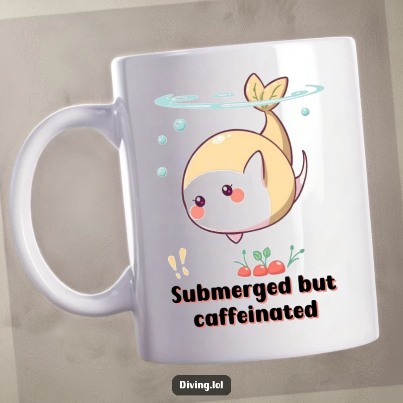 Funny mug featuring a playful food character performing a somersault underwater, capturing a whimsical and energetic moment.