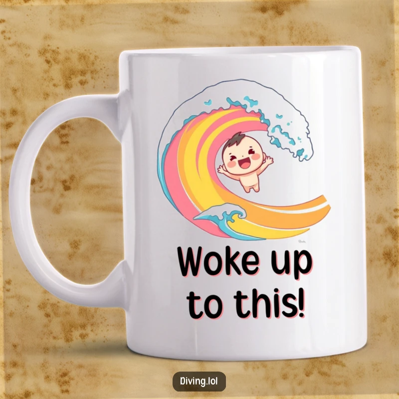 Funny mug showing a cheerful character in mid-air, diving headfirst into a large, colorful ocean wave. Energetic and humorous design.