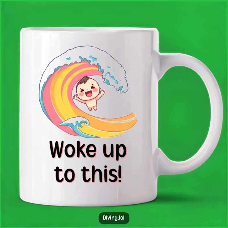 Funny Wave Dive Mug: Cheerful Character's Splash, Perfect Funny Gift for Surfers
