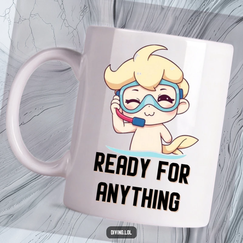 Funny Mug showing a character winking playfully while adjusting their snorkel gear, ready for an underwater escapade.