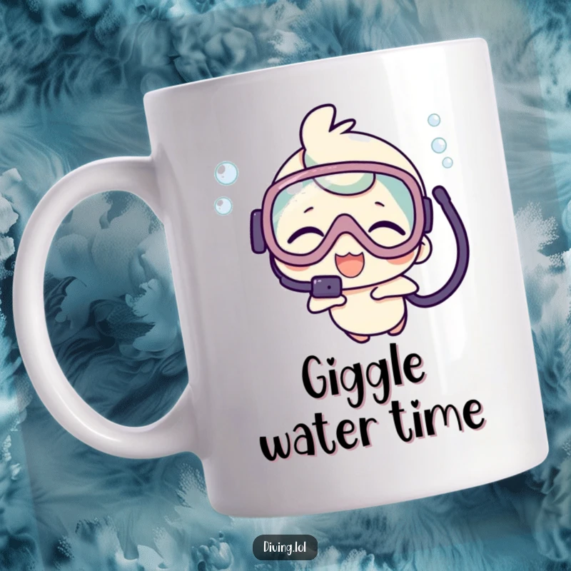 Funny mug showing a cute kawaii character in a scuba mask, giggling joyfully beneath the waves.