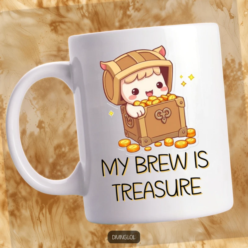 Funny Mug: A cute character joyfully holding a treasure chest overflowing with sparkling coins, representing wealth and humorous aspirations.