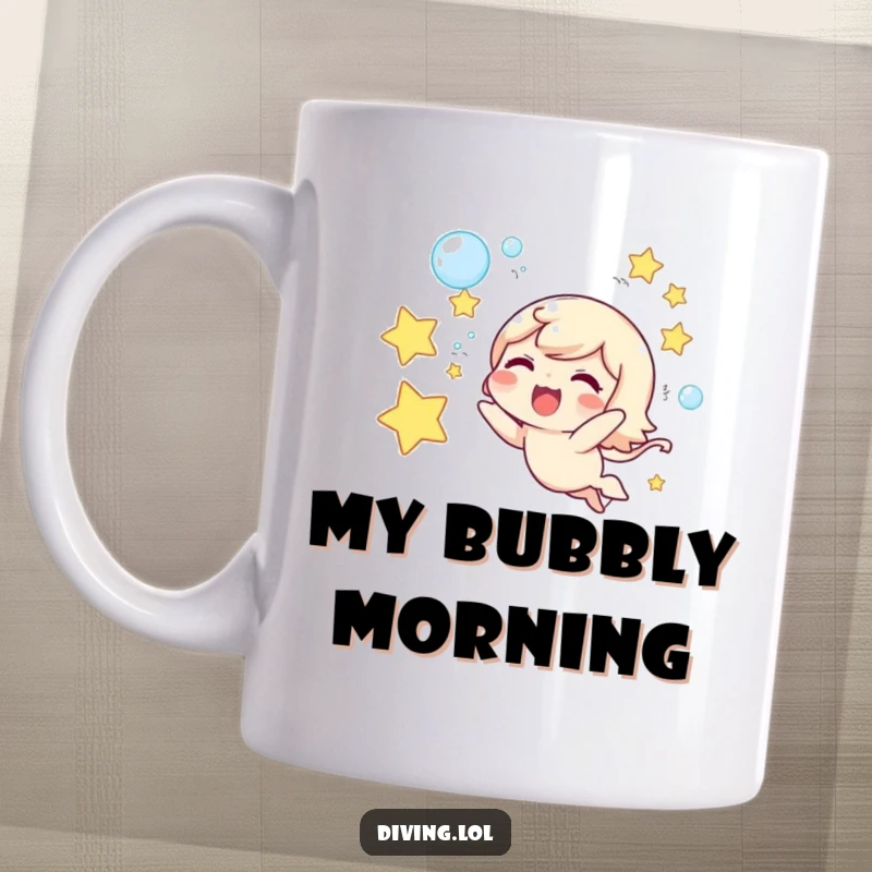 Funny mug featuring a cute character joyfully blowing underwater bubbles shaped like twinkling stars, creating magical moments.