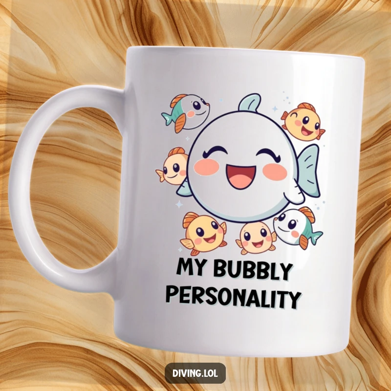Funny bubbly icon mug, laughing heartily, surrounded by curious fish, a humorous and charming gift for sea lovers.