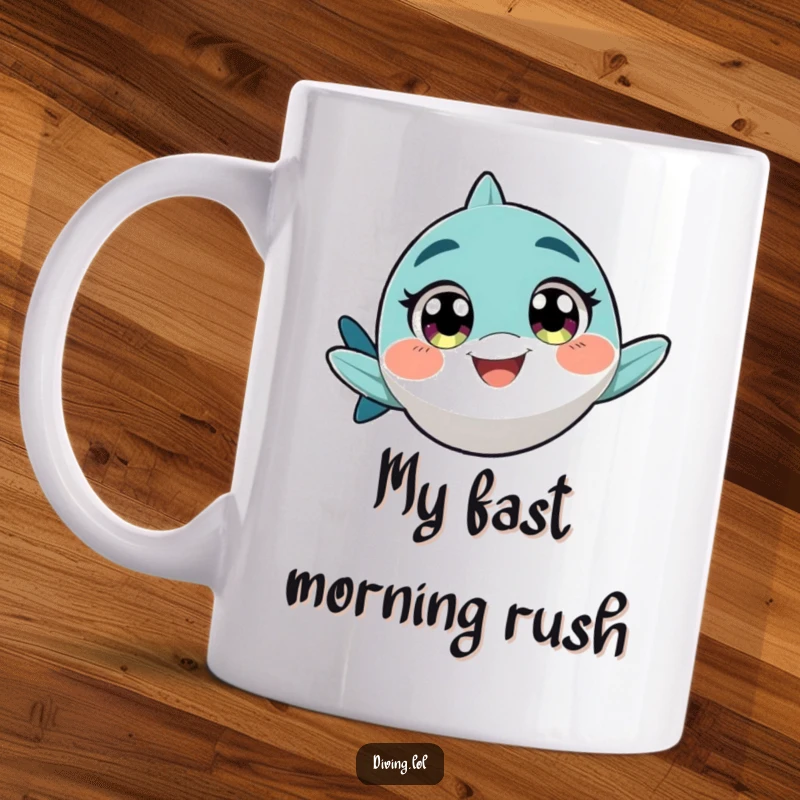 Funny mug featuring a character with wide, excited eyes, swimming rapidly with an infectious, playful grin.