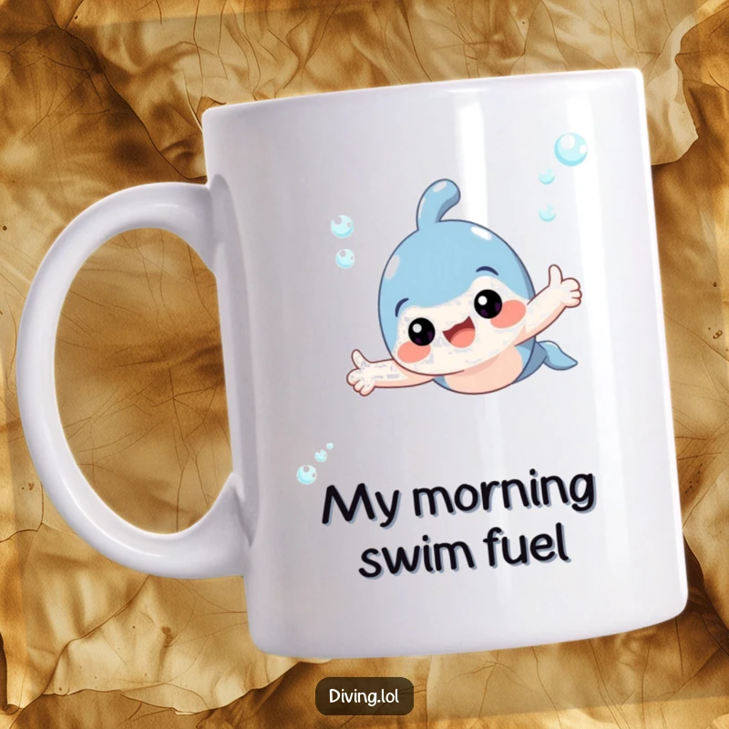 Funny mug featuring an adorable smiling character swimming underwater, giving a cheerful thumbs up sign with a bubbly splash.