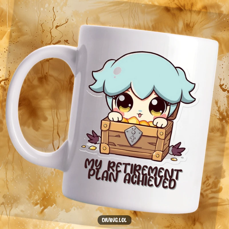 Funny mug showing a character with wide, shining eyes staring at an open treasure chest, symbolizing excitement and discovery.