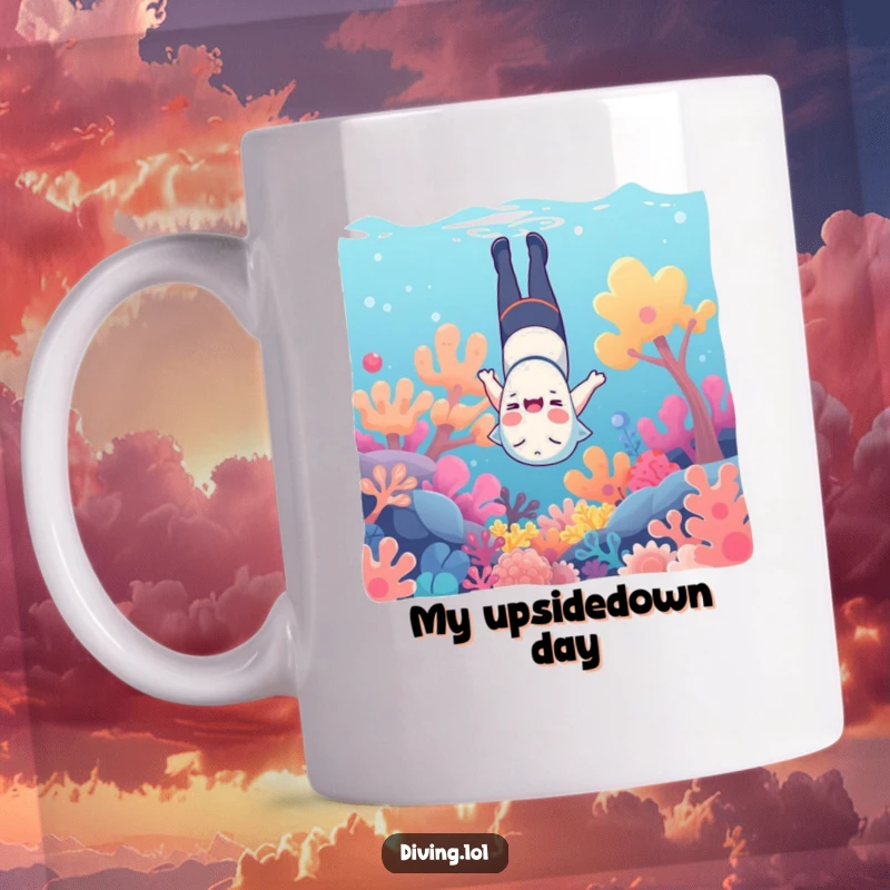 Funny underwater mug, a character giggling upside down amongst colorful coral, bringing aquatic joy.