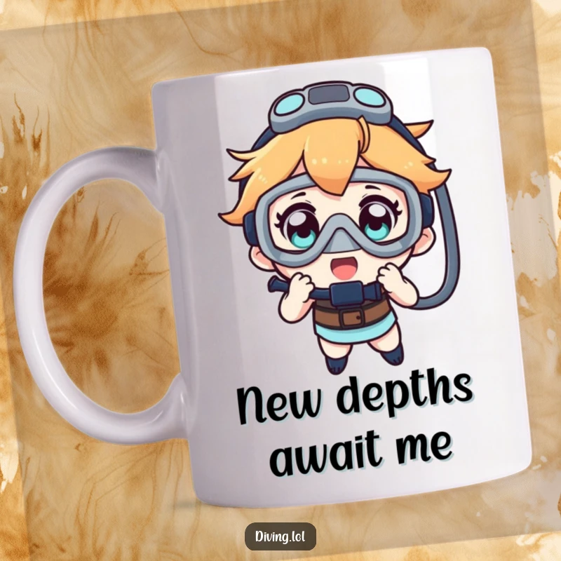 Funny mug showing a character eagerly examining a dive mask, eyes sparkling with excitement for underwater exploration.
